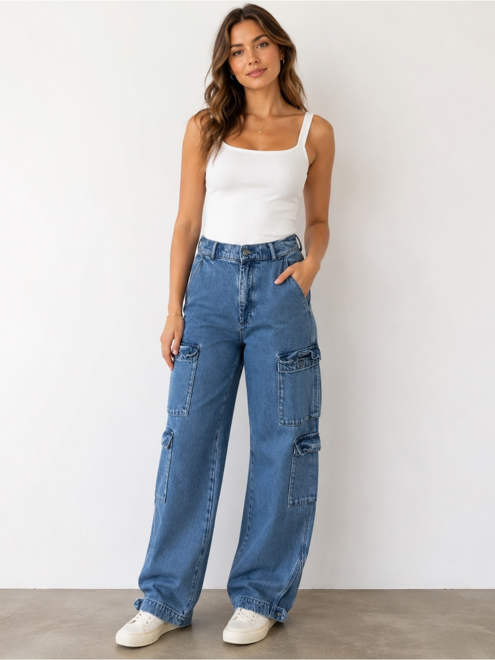 Young Fabulous & Broke Cargo Jeans Womens L Blue Wide Leg Utility Lyocell Modal